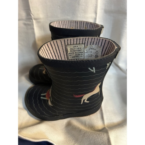 Joules Little Girls Size 4 Rubber Boots Navy Blue Wave Design Water Resistant - Picture 2 of 4